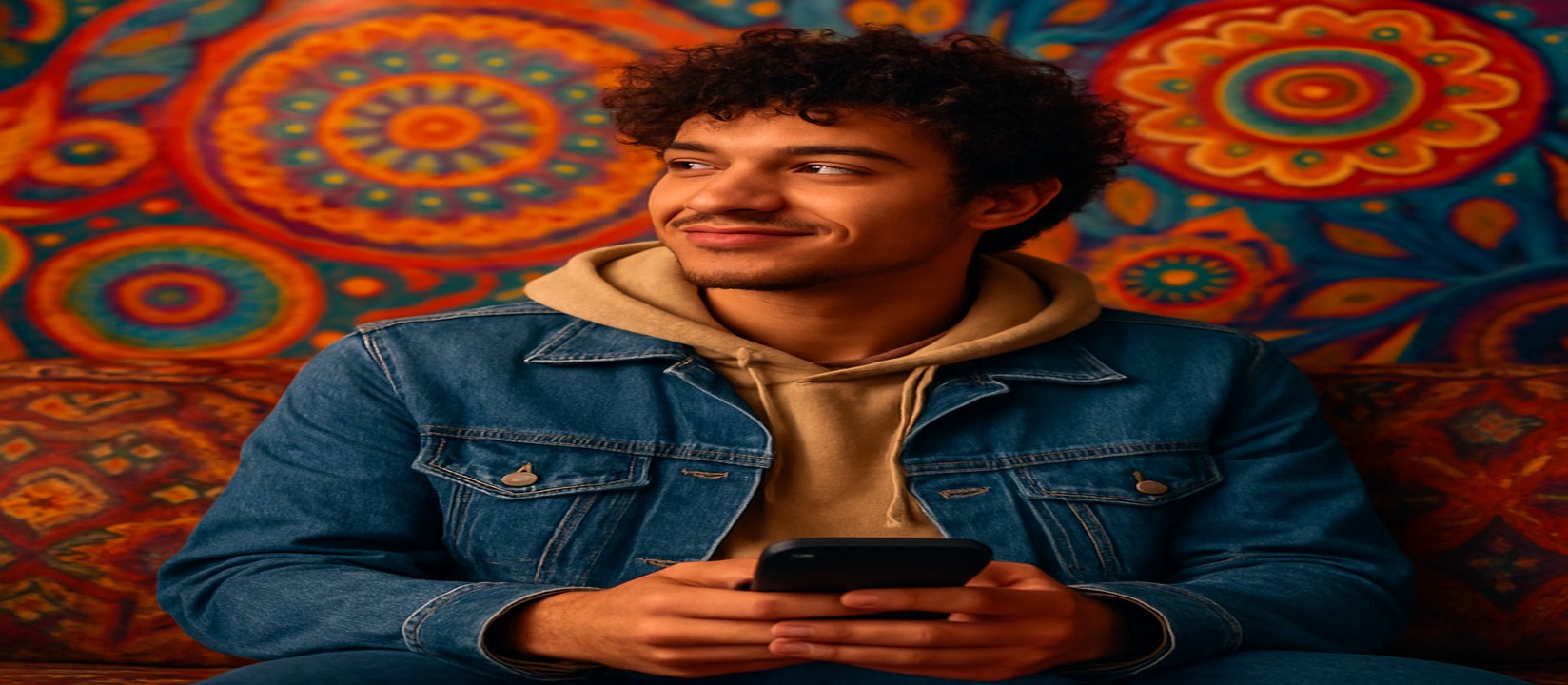 সোফায় আরাম করে বসে একজন ব্যক্তি 555w অ্যাপটি স্মার্টফোনে ব্যবহার করছেন