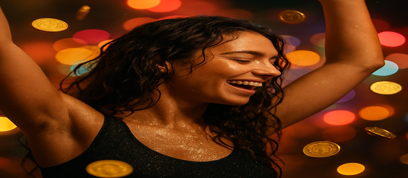 এভিয়েটর গেমে জয় পাওয়ার আনন্দে উল্লাসিত এক নারী, চারপাশে উড়ে ছড়িয়ে পড়েছে স্বর্ণমুদ্রা