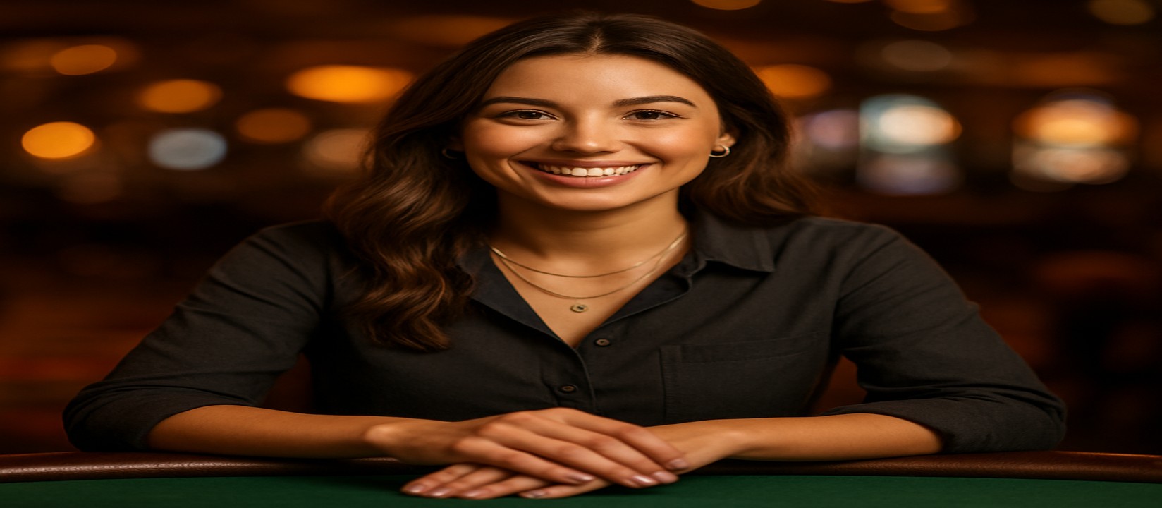 একটি হাসিখুশি মেয়ে গেমিং প্ল্যাটফর্মের কার্ড টেবিলে সামনে চিপস ও কার্ড রেখে বিস্তৃত খেলার একটি বাছাই উপস্থাপন করেন