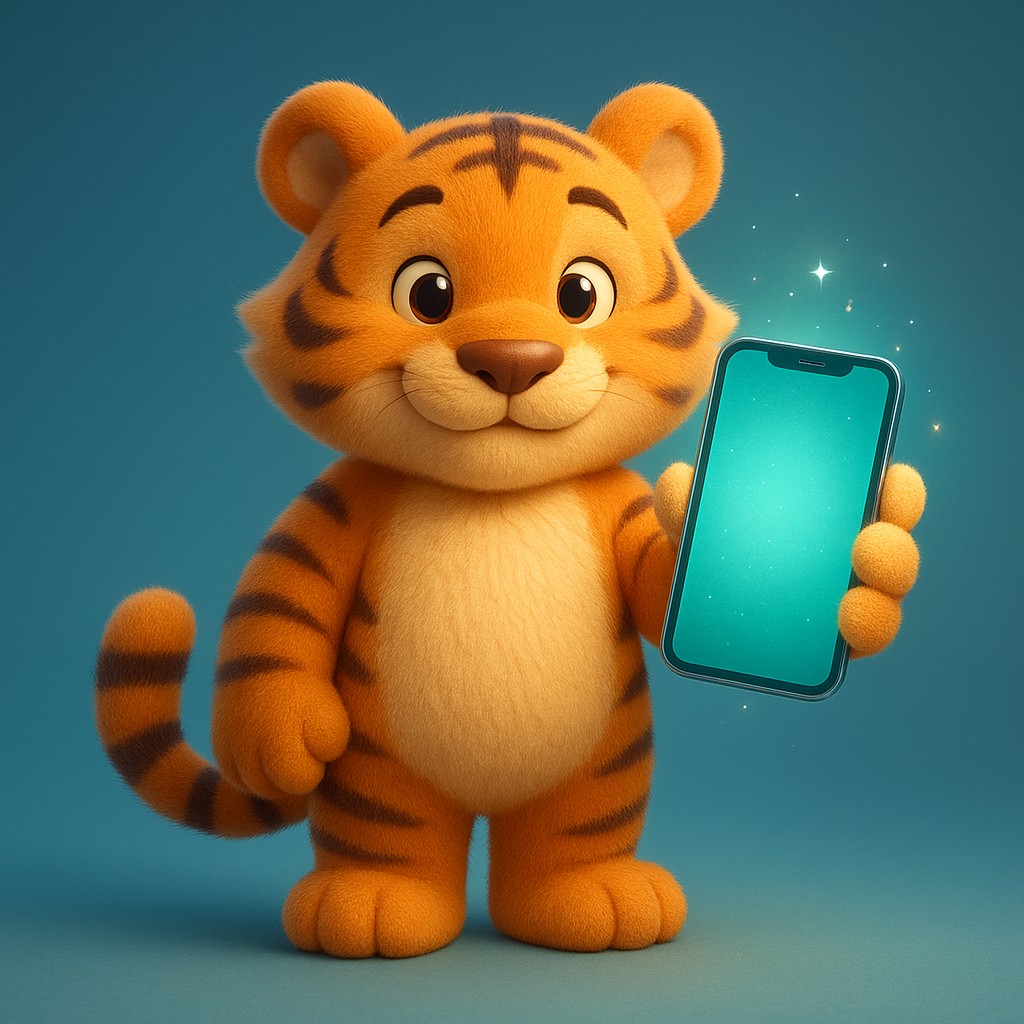 একটি কার্টুন বাঘশাবক স্মার্টফোনে 555w অ্যাপটি ব্যবহার করছে