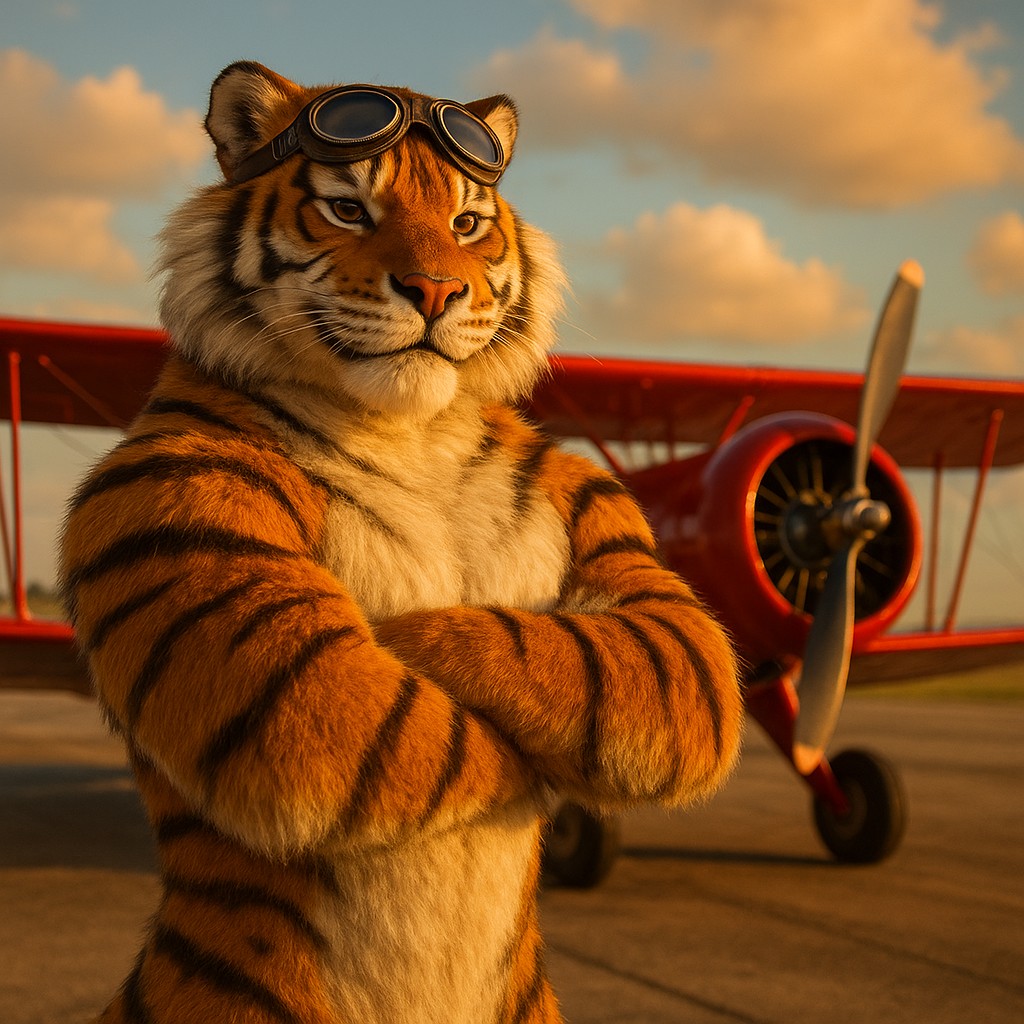 555w এভিয়েটর গেমটির প্রতীক হিসেবে লাল বিমানের পাশে দাঁড়িয়ে থাকা টাইগার পাইলট