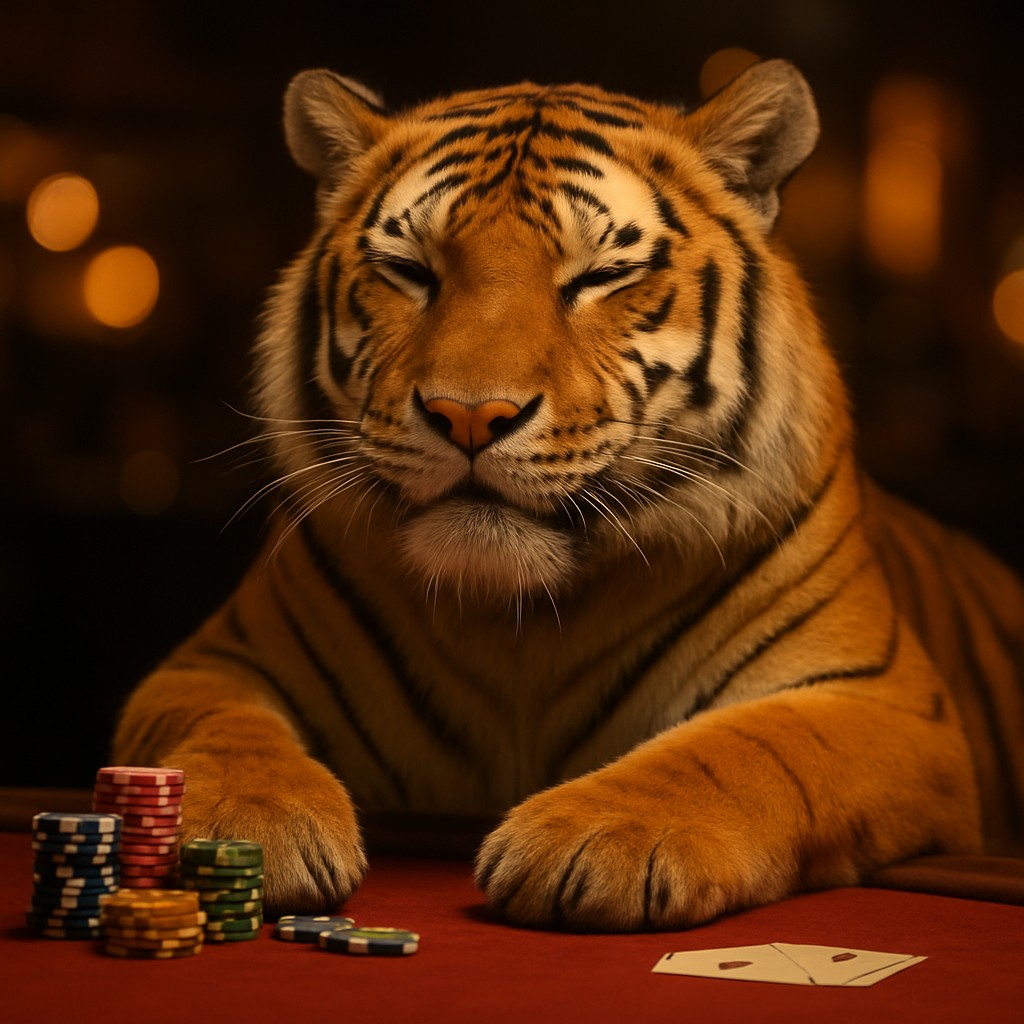 555w গেমিং প্ল্যাটফর্মে একটি হাসিখুশি টাইগার শাবক টেবিলের সামনে বসে আছে