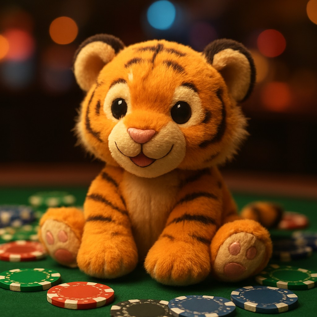 একটি ছোট বাঘ শাবক একটি টেবিলের ওপর খেলার চিপসসহ বসে আছে।