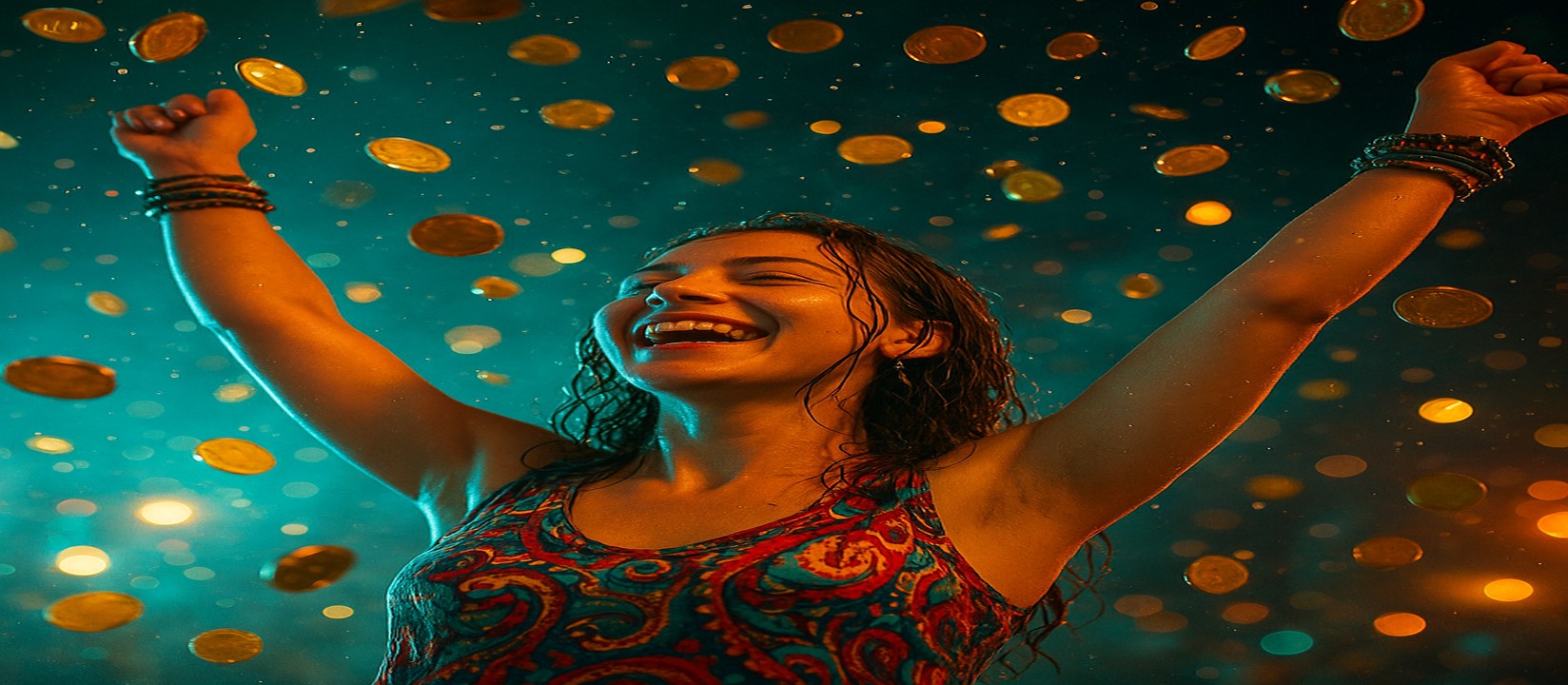 মুদ্রার ঝরনার মাঝে রঙিন পোশাকে এক নারী