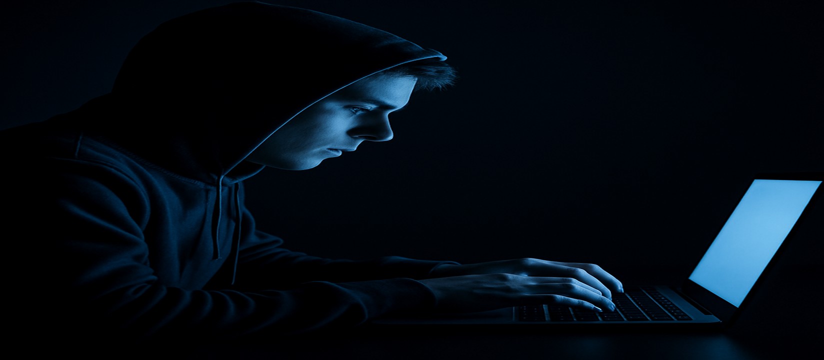 অন্ধকার ঘরে ল্যাপটপে মনোযোগ দিয়ে 555w ওয়েবসাইটে অনলাইন গেমিং করছেন একজন ব্যক্তি